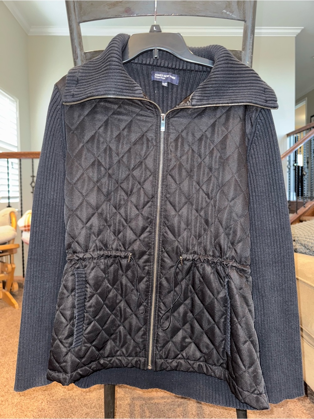 Jones New York Black Quilted Zip-Front Bomber Jacket